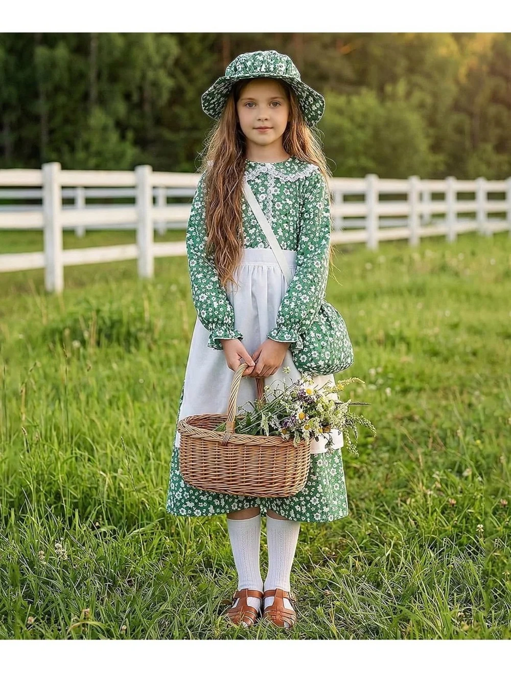 New Girls Pioneer Floral Prairie Dress Costume Small Green Apron Bonnet Bag sock
